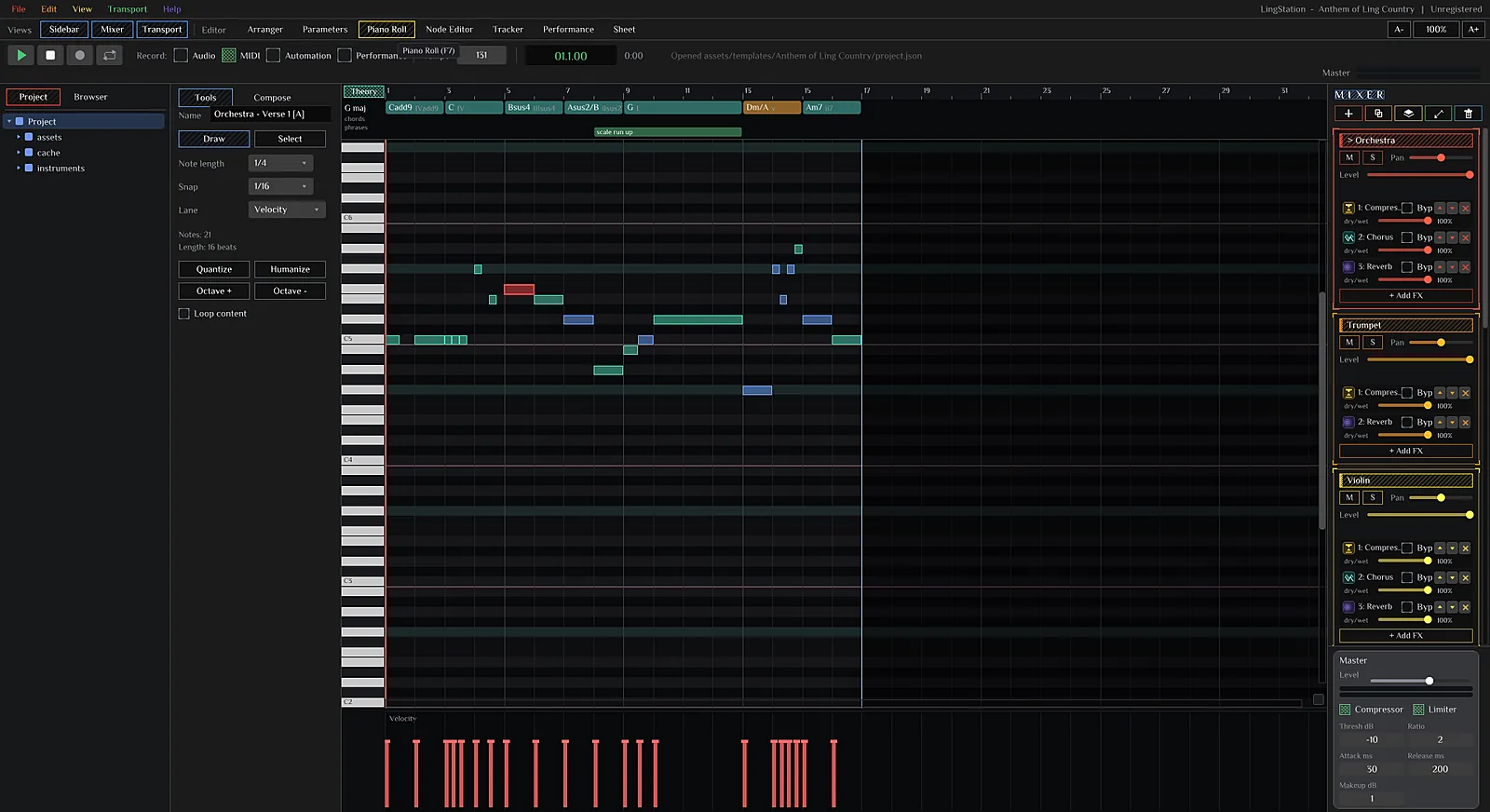 Piano roll with velocity lane.