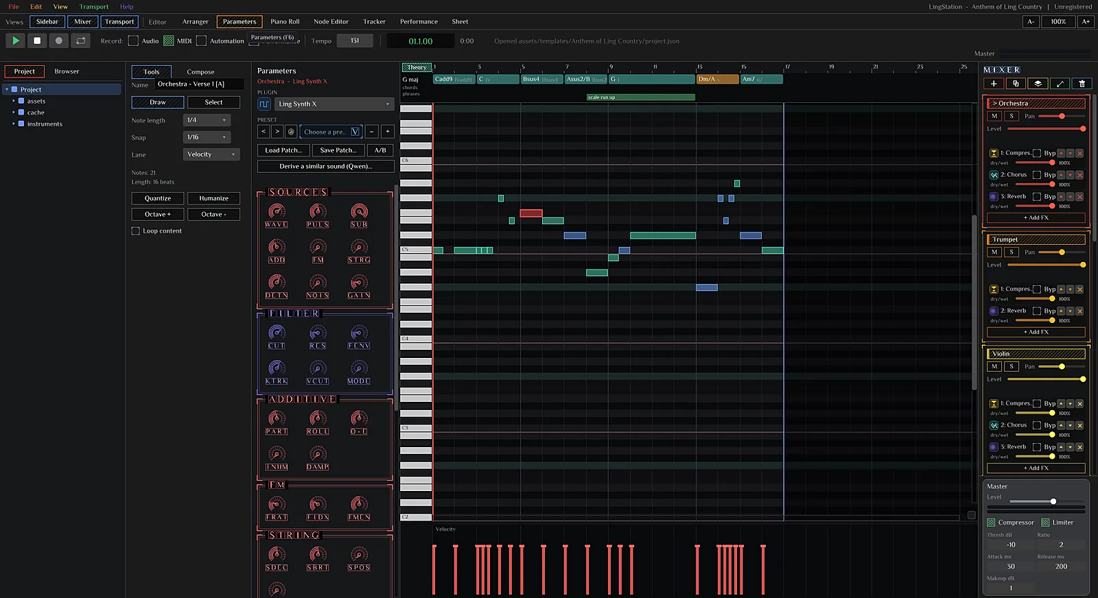 The Parameters view: tools, synth sections and the piano roll side by side.
