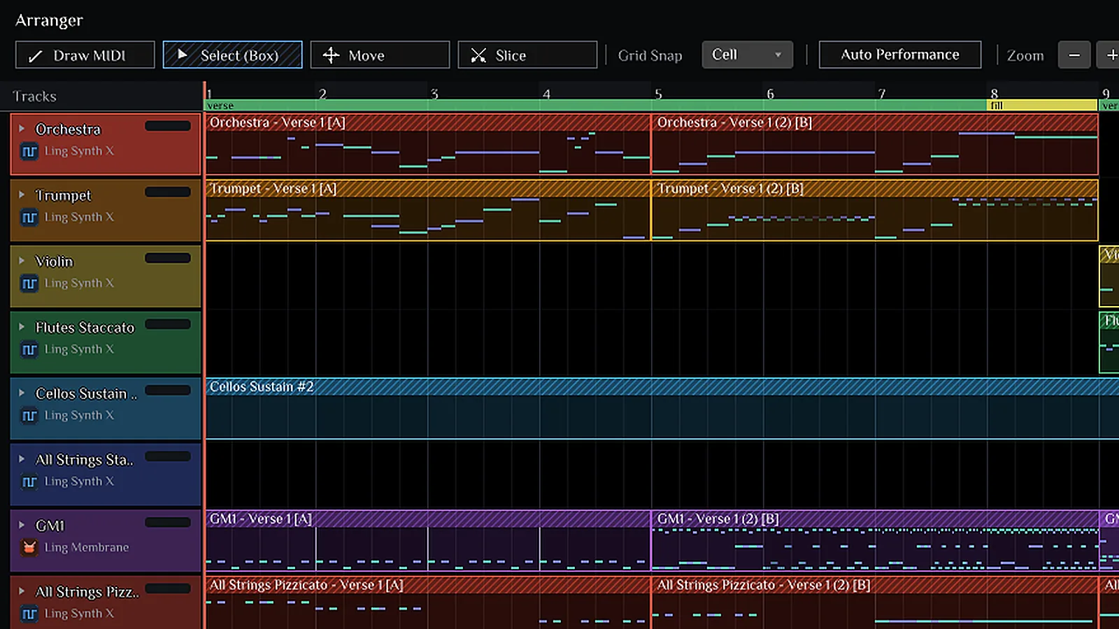 Clips preview their notes; sections show as colour bars.