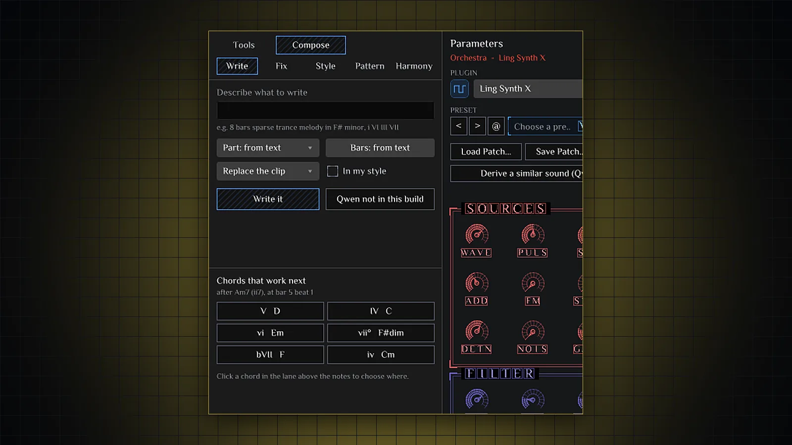The Compose panel: write from text, and chords that work next.