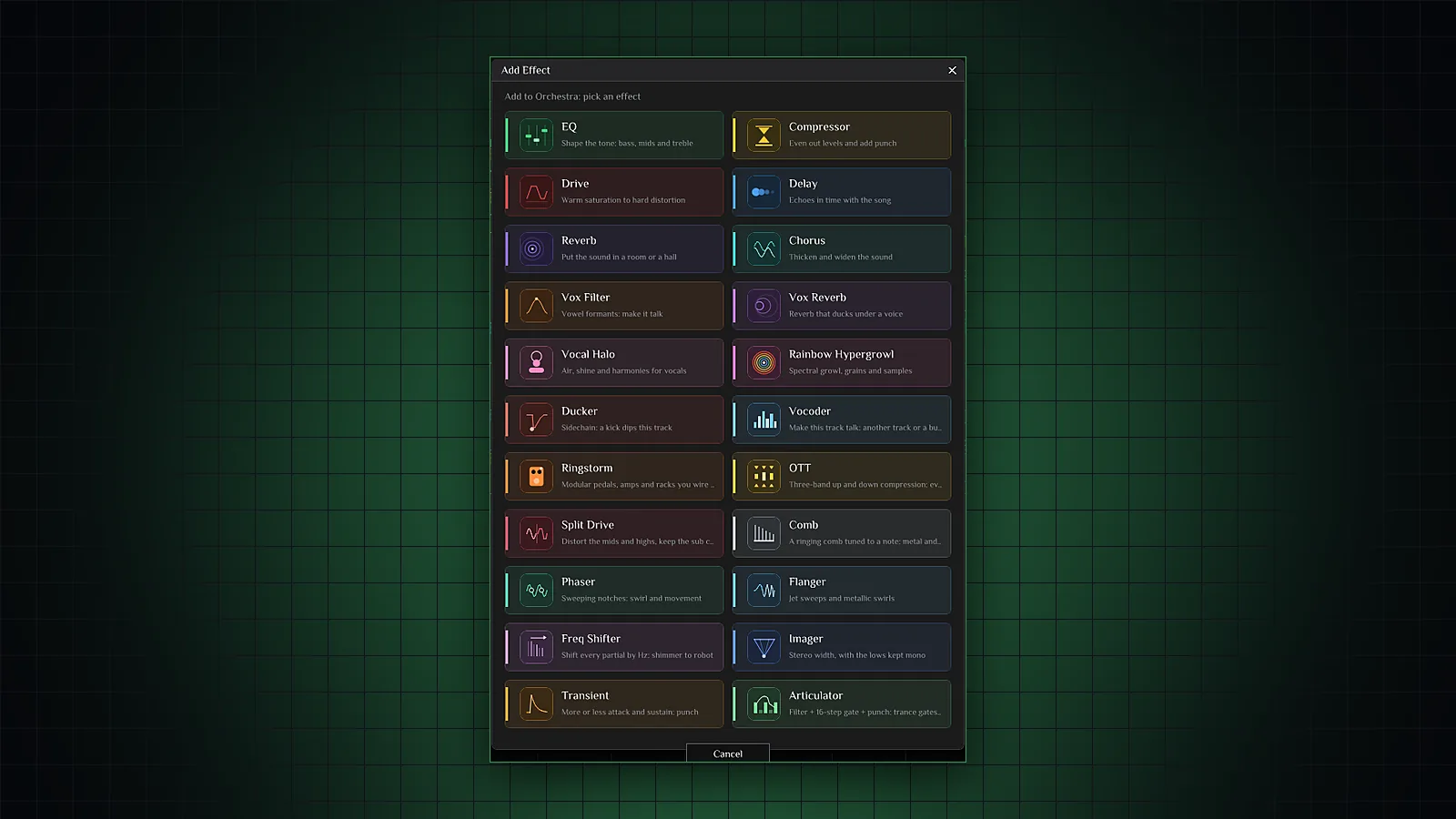 Add Effect: 22 effects with a one-line description each.