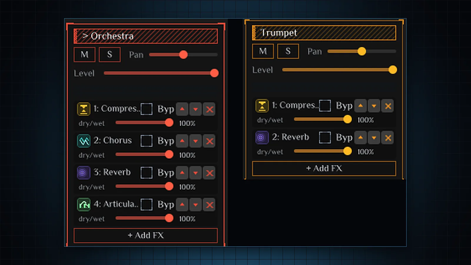 Each strip: level, pan, mute/solo, and a chain with bypass, order and dry/wet.