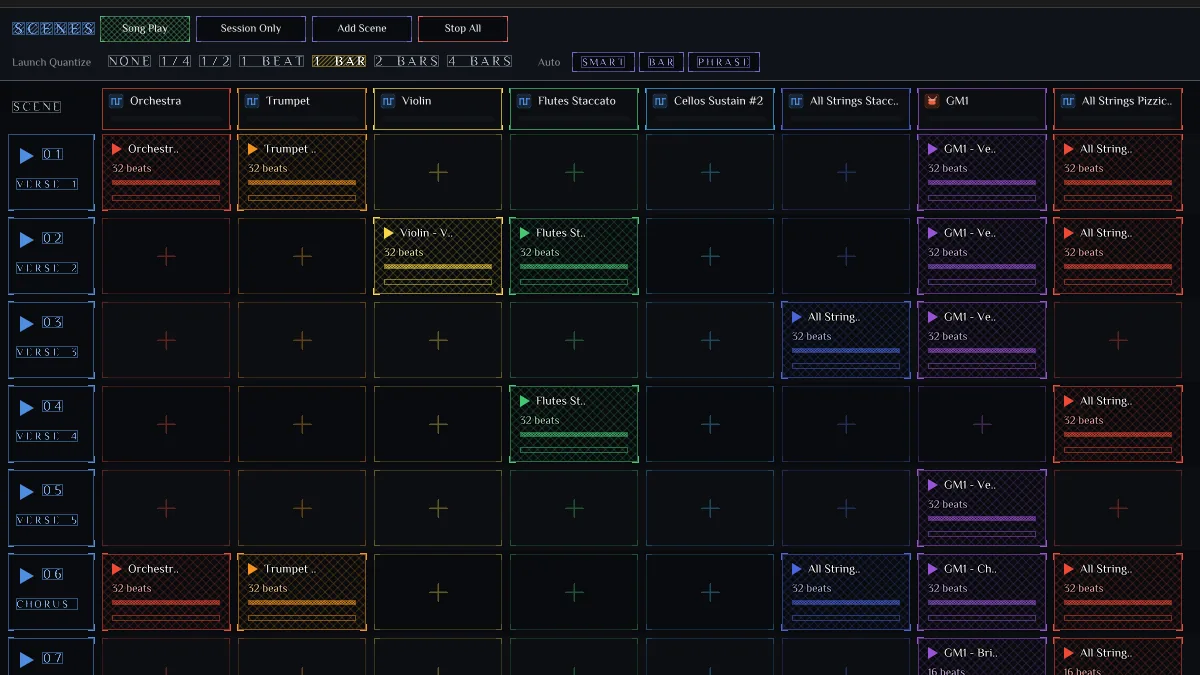 The session launcher: scenes down, tracks across.