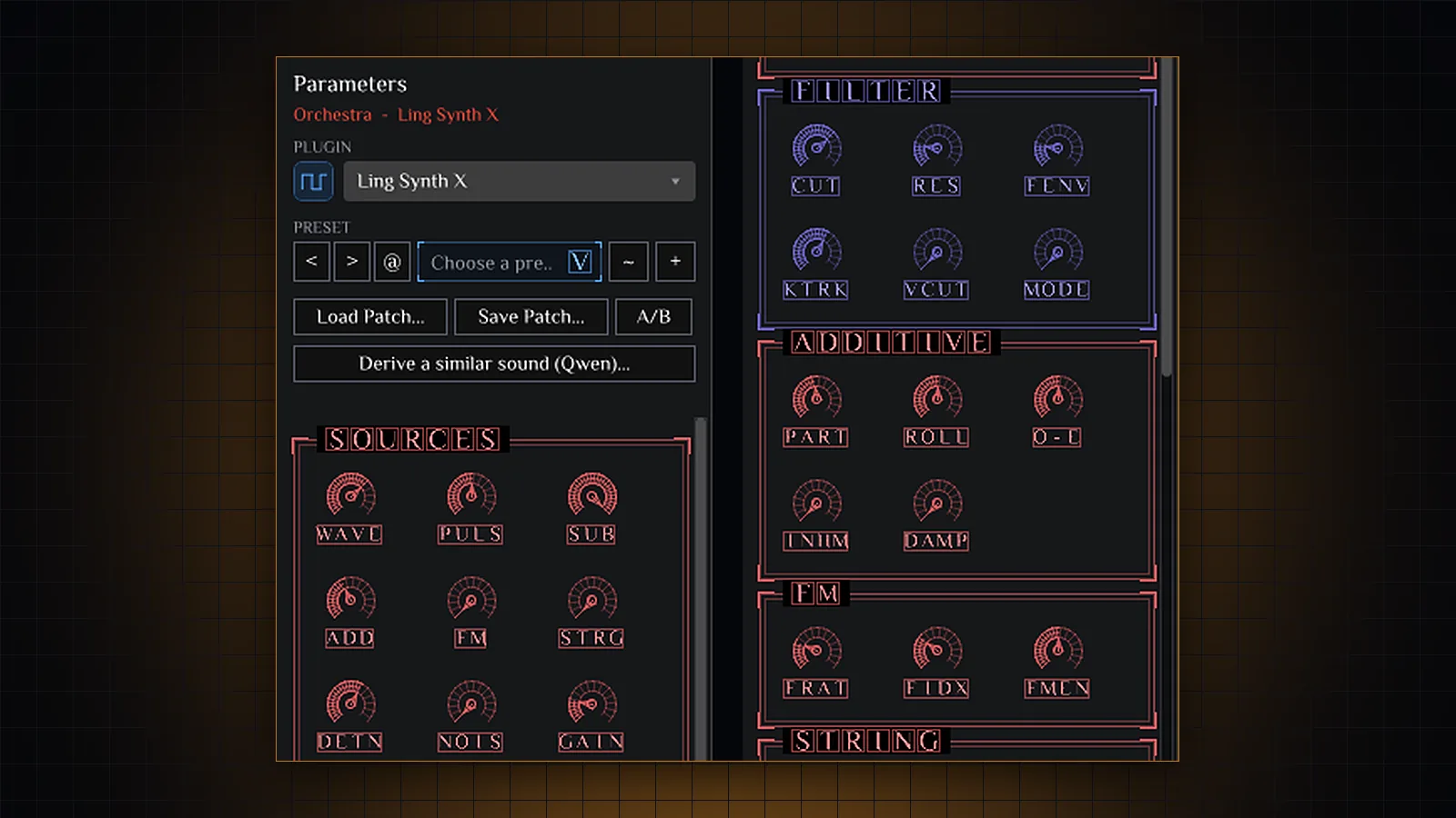 Sources and filter sections, tile-lettered like the rest of the system.