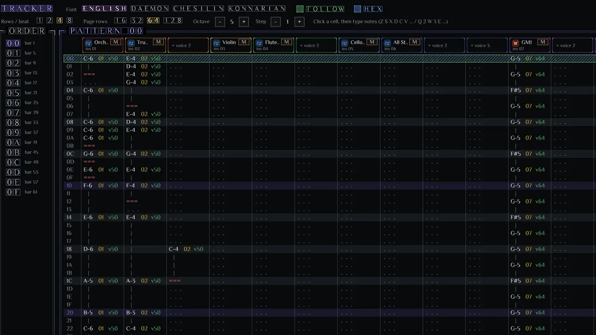 The tracker: order list, pattern and voices.